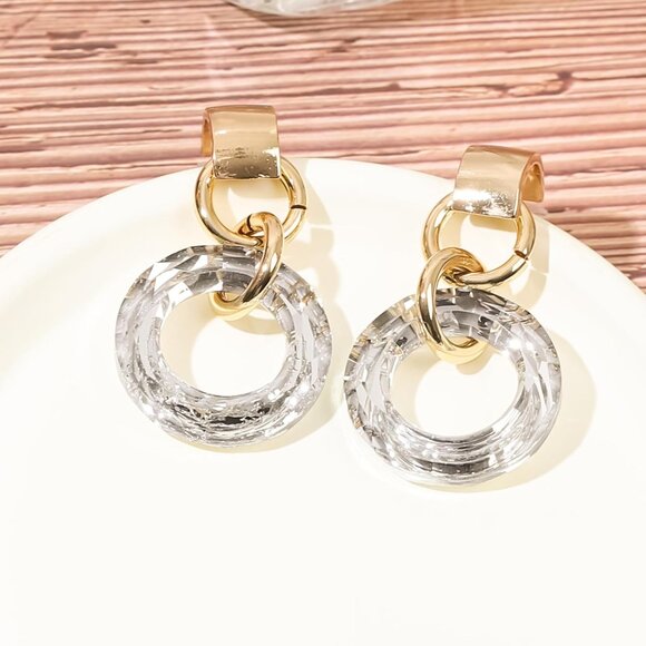 14K Gold Pleated Drop Dangle Fashion Shining Circle Crystal Dangle Earrings - Picture 3 of 8
